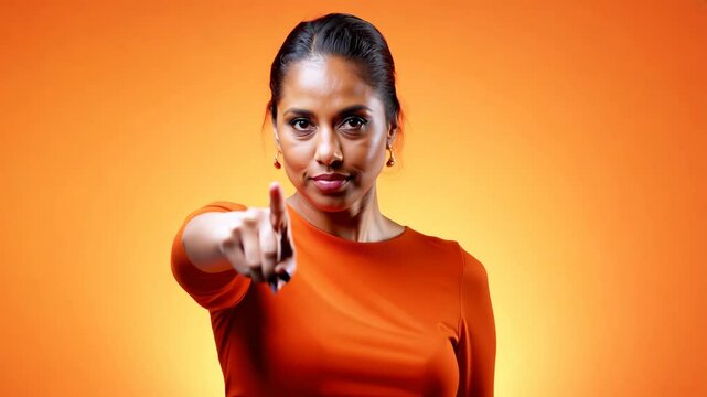 Confident woman pointing with assertiveness in orange backdrop. 4k