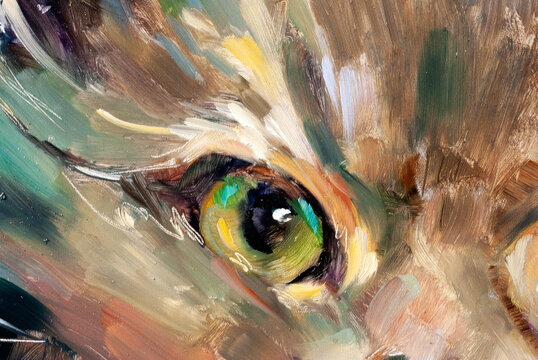Dipinto astratto e con pennellata dense e corpose e colature e schizzi di occhi di gatto in primo piano	
