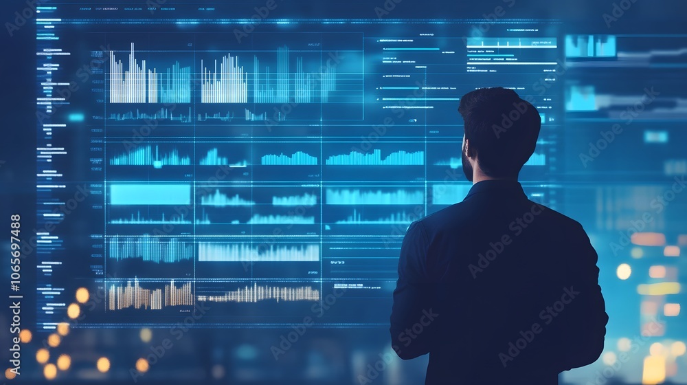 Poster a professional analyzing data on a digital screen, showcasing modern technology and analytics in a c