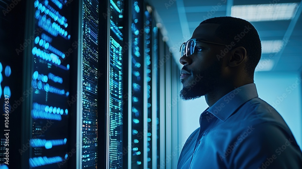 Poster a focused individual examines data on a server, illuminated by blue lights in a modern data center e