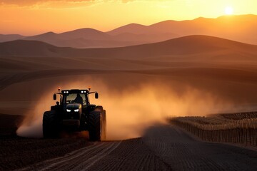 Fototapeta premium A tractor is actively plowing the fields during sunset, generating a cloud of dust as the sun dips behind rolling hills, illuminating the serene rural landscape