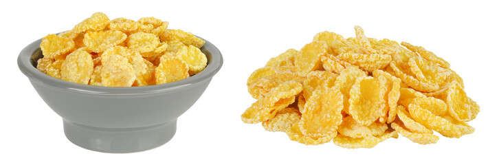 Cornflakes in ceramic bowl isolated on white background.