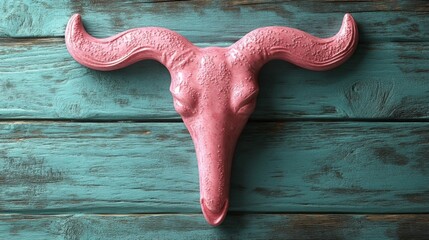 Pink Bull Skull on Turquoise Wood