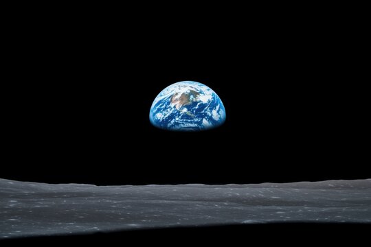 During a space mission, Earth is visible above the lunar horizon, exhibiting its vibrant colors against the stark blackness of space, highlighting the contrast between celestial bodies - Powered by Adobe