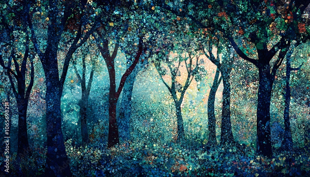 Poster a serene forest scene featuring tall trees and ethereal light, creating a tranquil atmosphere perfec