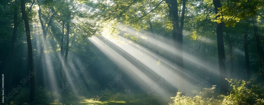 Poster a serene forest scene with sun rays piercing through the trees, creating a tranquil atmosphere and h