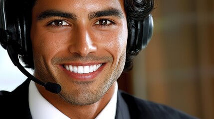 A smiling man in a headset, dressed in a suit, exudes professionalism and approachability in a customer service or call center setting.
