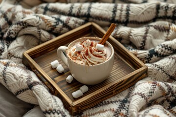 Warm Winter Comfort: Hot Chocolate with Marshmallows and Cinnamon on Cozy Plaid Blanket