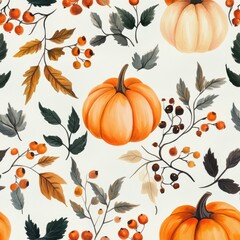 Naklejka premium Autumn Harvest Watercolor Pattern with Pumpkins, Leaves, and Berries