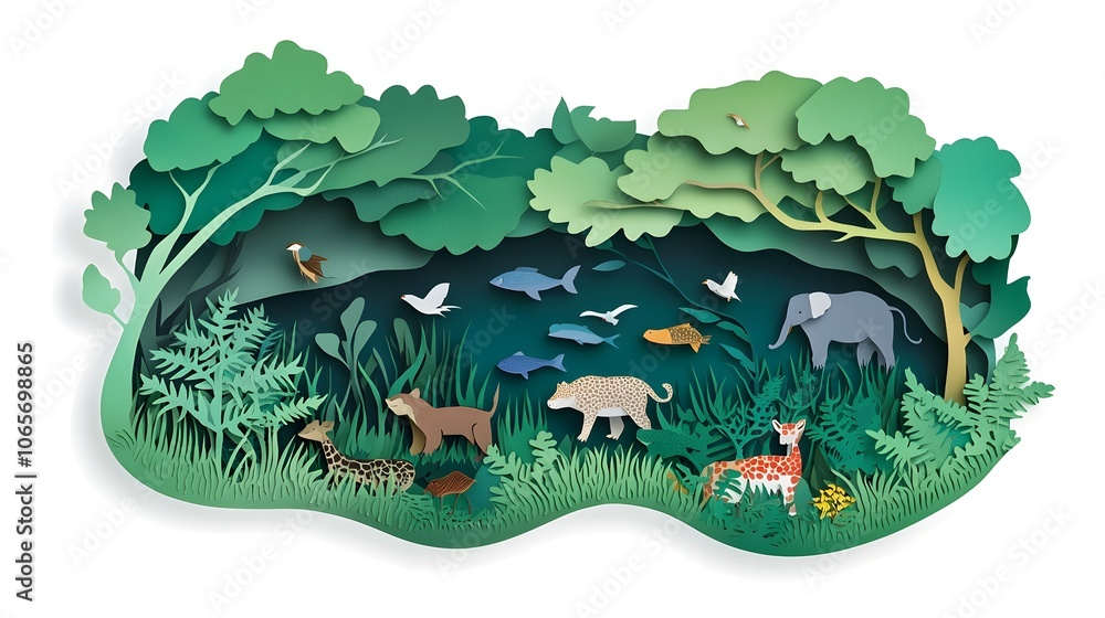 Poster a layered paper cut style depicting a lush vibrant ecosystem with a diverse array of animals plants 