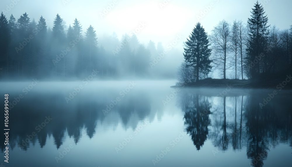 Poster a serene misty lake reflecting trees, creating a tranquil atmosphere perfect for nature enthusiasts 