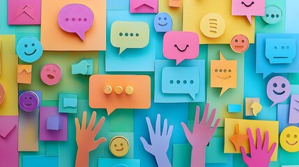 A layered paper cut style digital artwork depicting cyberbullying awareness with colorful speech bubbles emotive emojis and supportive hands symbolizing the need for communication compassion