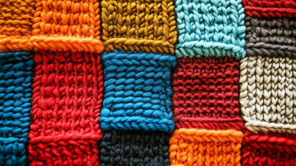 Fototapeta premium Colorful knitted patchwork blanket showcasing vibrant textures and patterns in warm hues