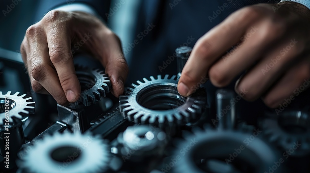 Poster a close-up of hands adjusting metallic gears, highlighting precision and craftsmanship in mechanical