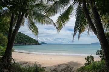 Paradisiacal Tropical Oasis: Idyllic Palm Beach with Clear Azure Waters and Lush Greenery