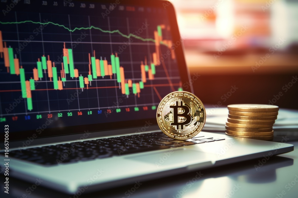 Poster a laptop displays a cryptocurrency trading chart with fluctuating values, while a bitcoin and stacks