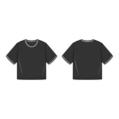 Fototapeta premium Black cropped t-shirt with gray collar and sleeve cuffs, shown in front and back views for a complete design overview. 