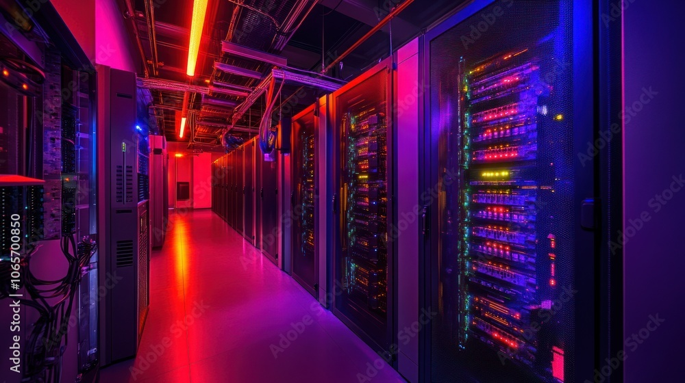 Poster a vibrant server room illuminated with colorful lights, housing multiple server racks.