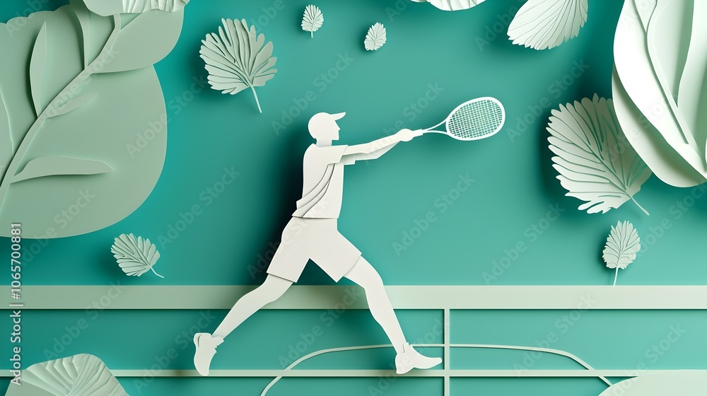 Poster a paper cut style of a badminton player hitting a shuttlecock with layered court lines and net in th