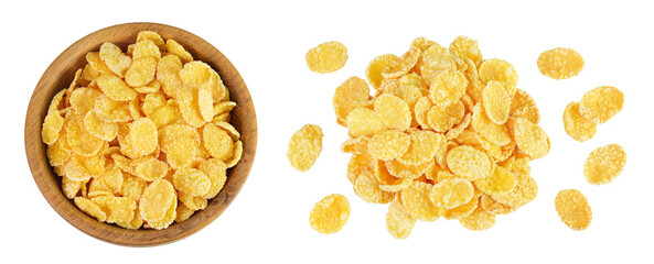 Cornflakes in wooden bowl isolated on white background. Top view. Flat lay