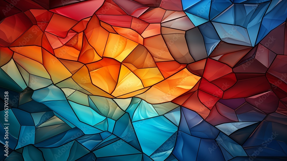 Poster vibrant stained glass with abstract shapes and vivid colors, creating a unique and artistic visual b