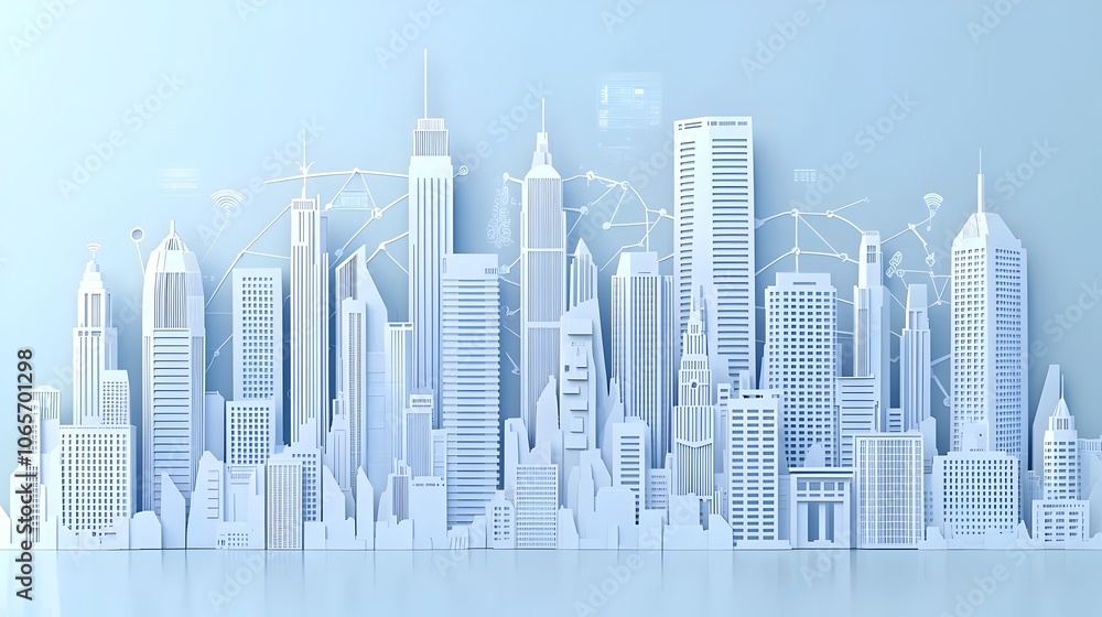 Aufkleber a stylized papercut depicting the layered skyscrapers digital data points and interconnected network