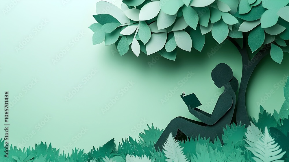 Poster a tranquil scene of a person immersed in a book surrounded by a layered paper cut tree and a gentle 
