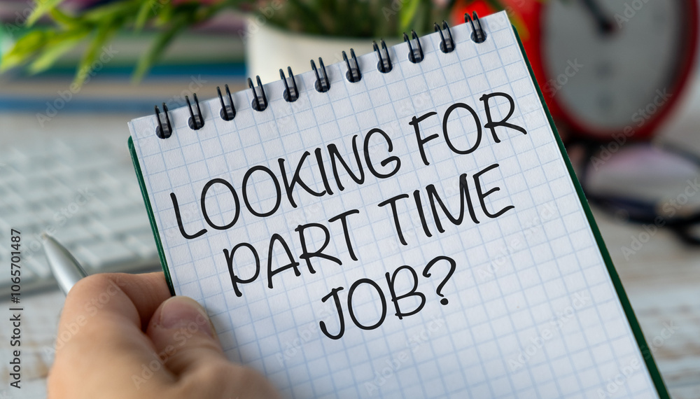 Poster looking for part time job - words on a paper notebook with pen on gray background.