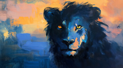 Impressionist Lion at Sunset with Bright Eyes