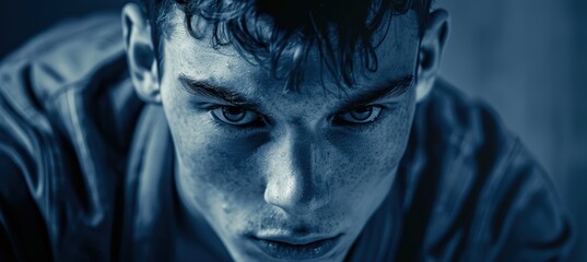 Intense Portrait of a Young Man on Dark Blue Background Reflecting Determination and Strength
