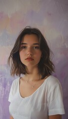 Fototapeta premium Serene Portrait of a Thoughtful Young Woman Against Pastel Lavender Background