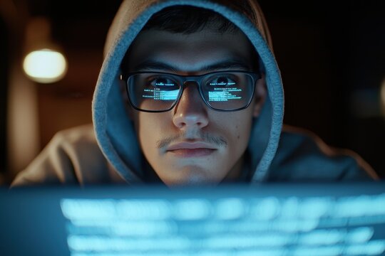 A young individual wearing glasses and a hoodie intently engages with a computer, reflecting lines of code on their lenses, creating a serene but concentrated atmosphere