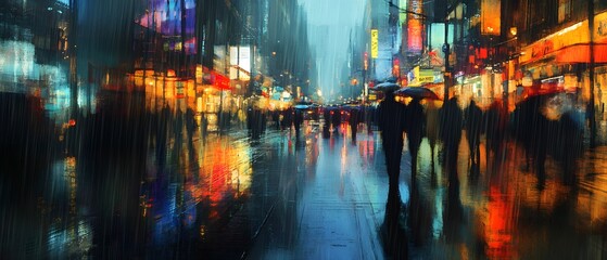 Obraz premium A vibrant urban scene with rain-soaked streets and colorful lights, capturing the dynamic life of a city at night.