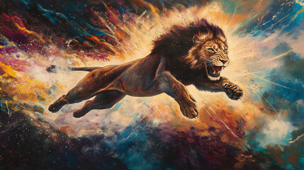 Majestic Lion Leaping Through Colorful Explosion