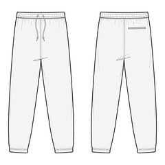 White jogger pants with drawstring and back pocket, front and back view, suitable for casual and athletic wear.

