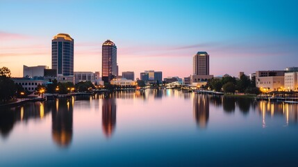 Fototapeta premium Captivating cityscape with towering skyscrapers and their dazzling lights reflected in the calm tranquil waters creating a peaceful and mesmerizing urban scene at nightfall