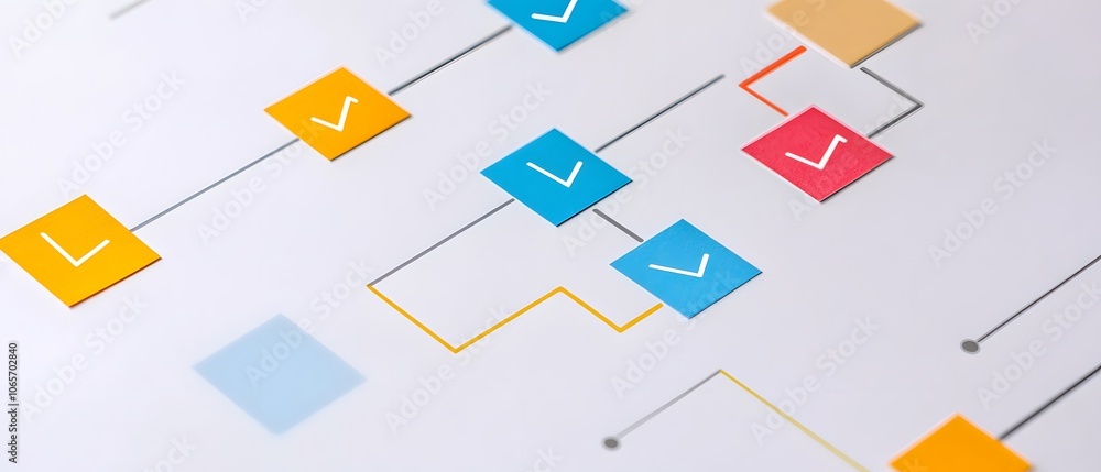 Poster abstract flowchart design with colorful geometric shapes representing a process or workflow in a cle