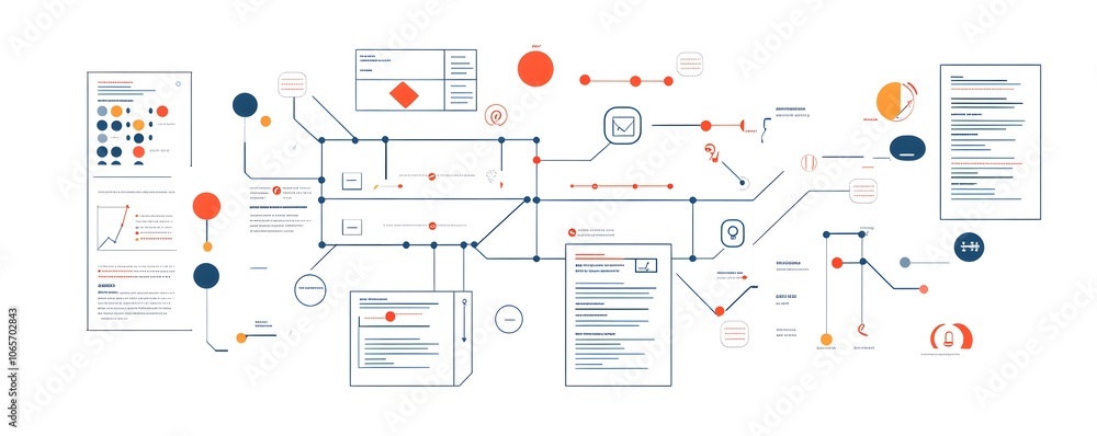 Poster abstract infographic showcasing data flow and process analysis using various icons and diagrams for 