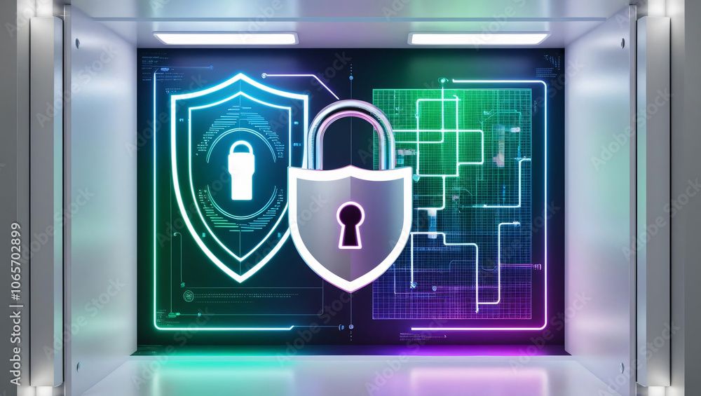 Poster secure virtual environment with holographic lock and digital grid. this represents data privacy and 