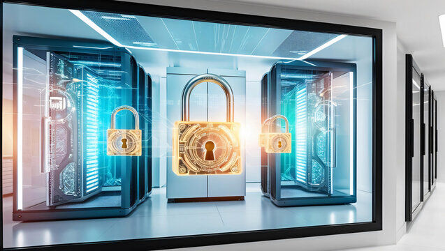 Secure server room with holographic data vault and floating padlocks, representing advanced data protection and futuristic technology