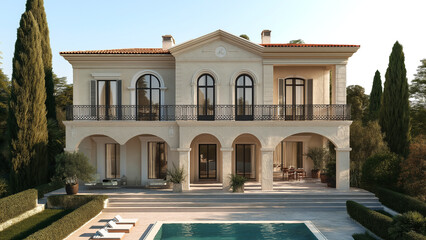 Fototapeta premium A luxurious villa featuring spacious balconies, a garden, and a swimming pool