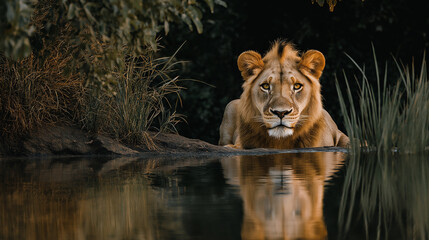 Majestic Lion at Serene Lake