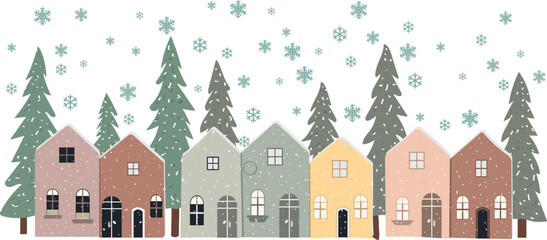 Christmas set of boho festive winter houses. Cozy boho houses decorated for the holiday collection