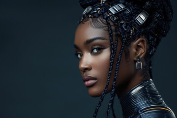 The young woman gazes thoughtfully, her intricate braids adorned with unique accessories, highlighting her confident expression and contemporary style in a minimalist setting