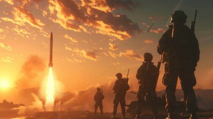 Obraz premium Missile Launch at Sunrise from Military Base with Soldiers in Silhouette