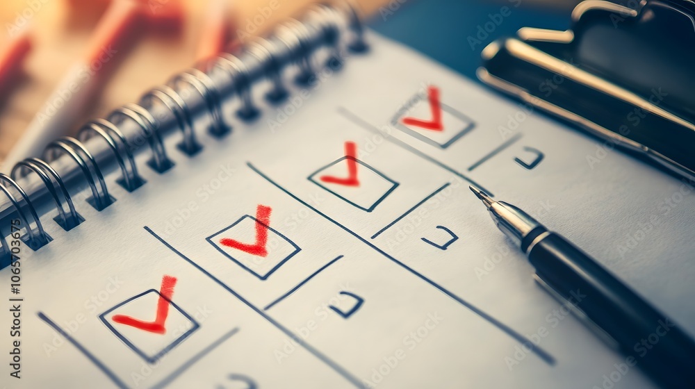 Poster close-up of a checklist with red checks on a notebook, symbolizing task completion and organization.