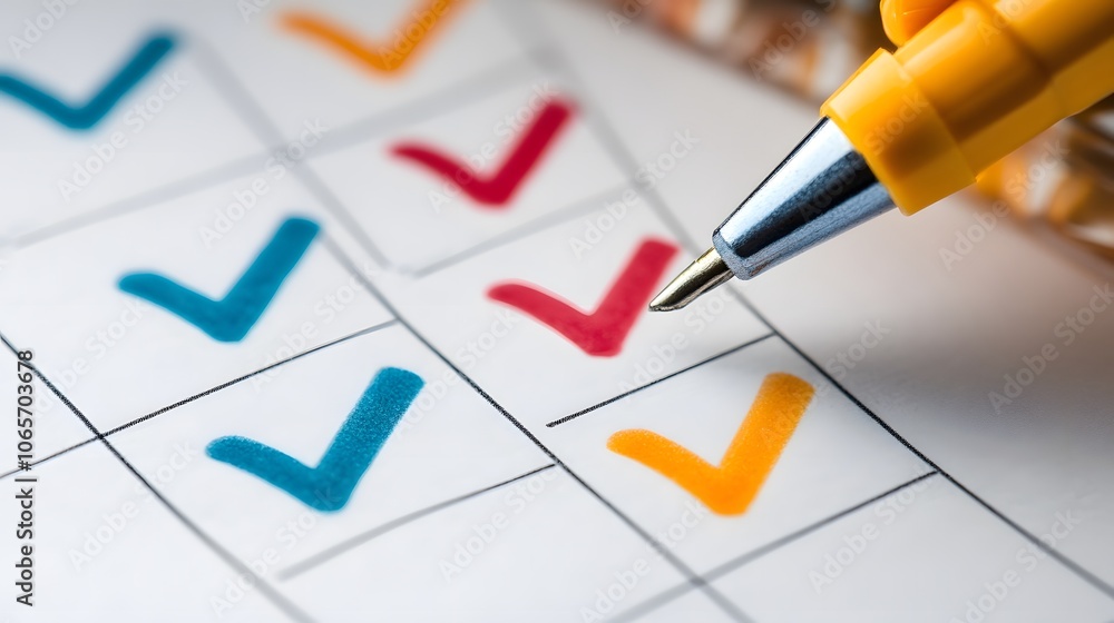 Poster close-up of a checklist with colorful check marks and a pen, symbolizing task completion and organiz