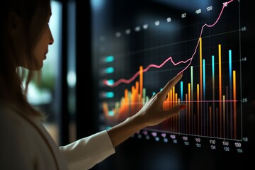 A professional woman examines colorful data visualizations on a digital screen, showcasing trends and metrics, as she works in a contemporary office setting