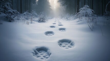 Snow-covered footprints leading through a forest, mysterious and quiet winter time.