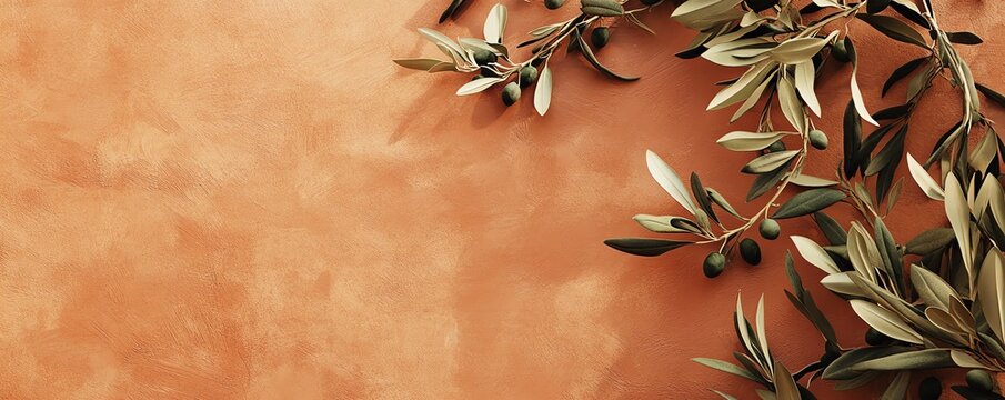 Fond terracotta avec branches d&rsquo;olivier et olives vertes.